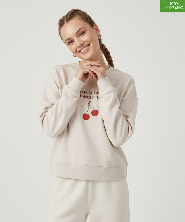 "Cherry on top of a beautiful life " The women's crew neck sweatshirt | Eco-Heather | Medium fit | 300gsm