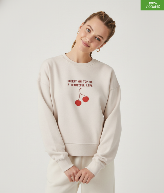 "Cherry on top of a beautiful life " The women's crew neck sweatshirt | Eco-Heather | Medium fit | 300gsm