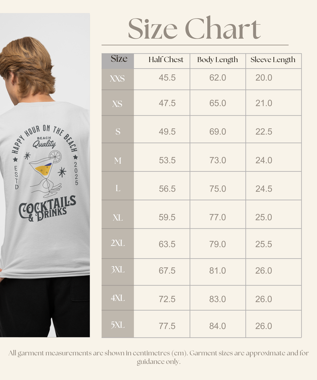 “Happy Hour on the beach-Cocktails & Drinks”  Organic cotton T-Shirt  l White l  Medium Fit, Mid Weight