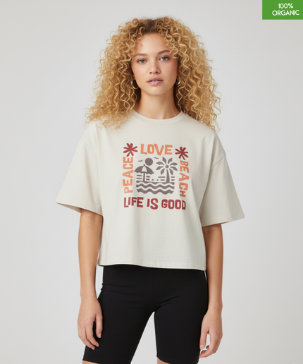 "Life is good - Peace, Love, Beach" Beach lover Cropped T-Shirt | Relaxed fit | Organic cotton and premium construction.