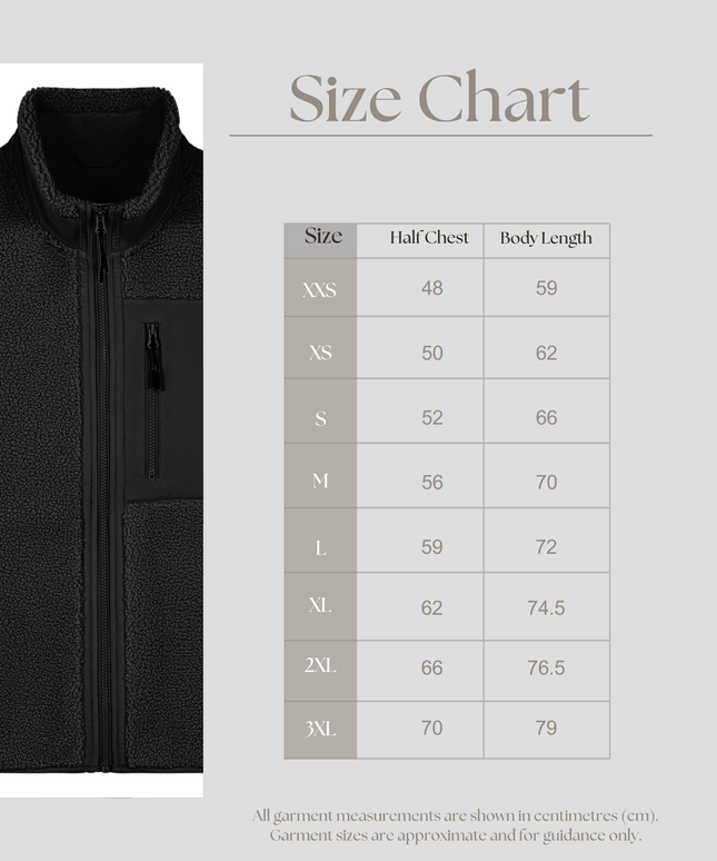 The sleeveless sherpa jacket, Medium Fit, Black Colour, 450gsm.