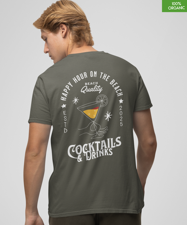 “Happy Hour on the beach-Cocktails & Drinks”  Organic cotton T-Shirt  l  Khaki  l  Medium Fit, Mid Weight