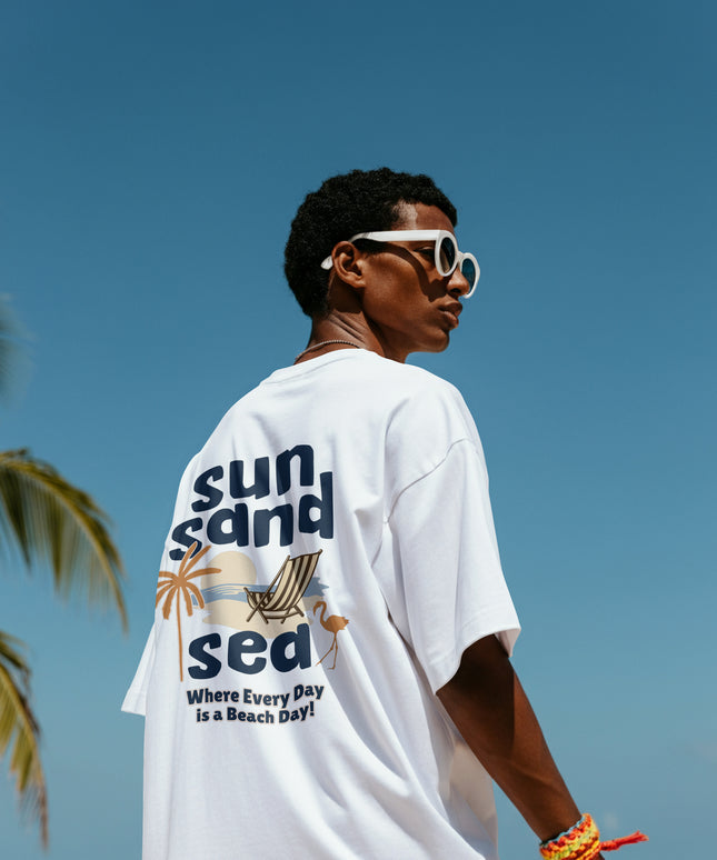 Oversized“Sun Sand Sea” Beach Day Graphic Organic Cotton T-Shirt