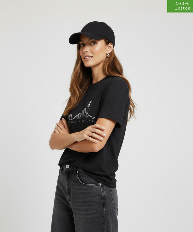 "Mountains in the Dark"  Oversized Fit T-Shirt, Cotton, Heavyweight,Black.