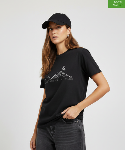 "Mountains in the Dark"  Oversized Fit T-Shirt, Cotton, Heavyweight,Black.