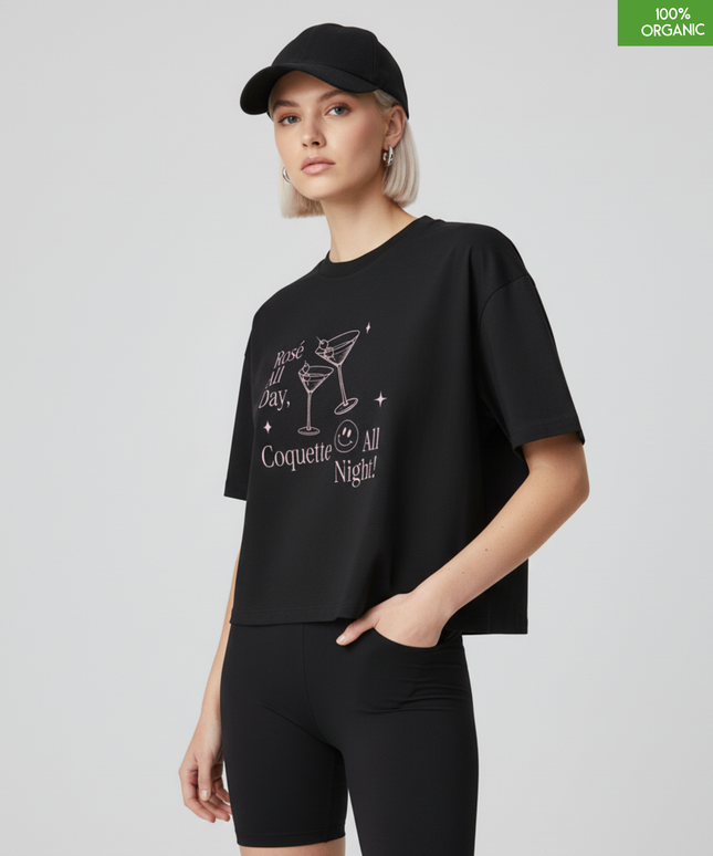 "Rose all day, Coquette all night"  Cropped T-Shirt | Relaxed fit | Organic cotton and premium construction.