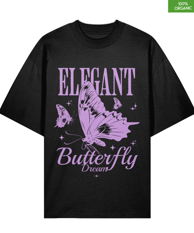 Elegant Butterfly Dream Oversized T-Shirt – Pastel Purple Graphic Tee – Soft 100% Organic Cotton Streetwear