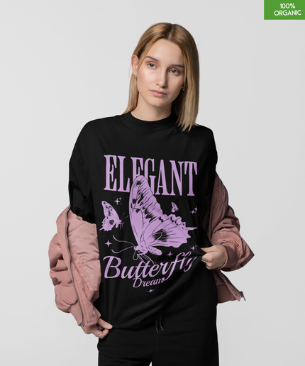 Elegant Butterfly Dream Oversized T-Shirt – Pastel Purple Graphic Tee – Soft 100% Organic Cotton Streetwear