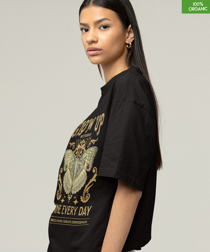 Glow Up Butterfly Oversized T-Shirt – Inspirational Graphic Tee – Embrace Change & Shine Every Day – 100% Organic Cotton