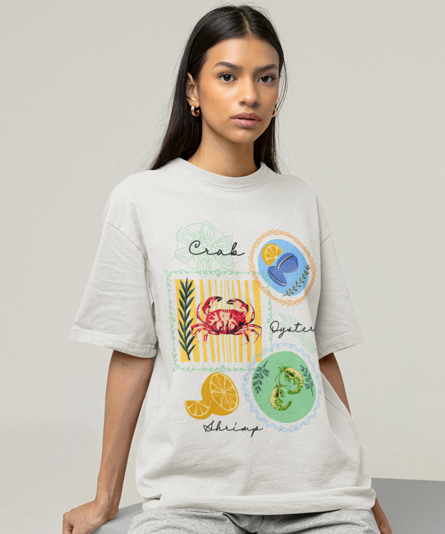 Organic Oversized T-Shirt with Seafood Illustration – Crab, Shrimp & Oyster Graphic Tee – 100% Organic Cotton