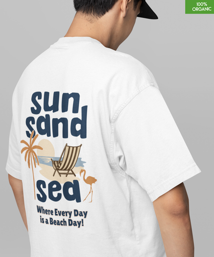 Oversized“Sun Sand Sea” Beach Day Graphic Organic Cotton T-Shirt
