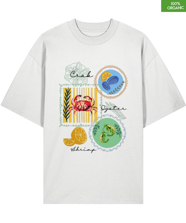 Organic Oversized T-Shirt with Seafood Illustration – Crab, Shrimp & Oyster Graphic Tee – 100% Organic Cotton